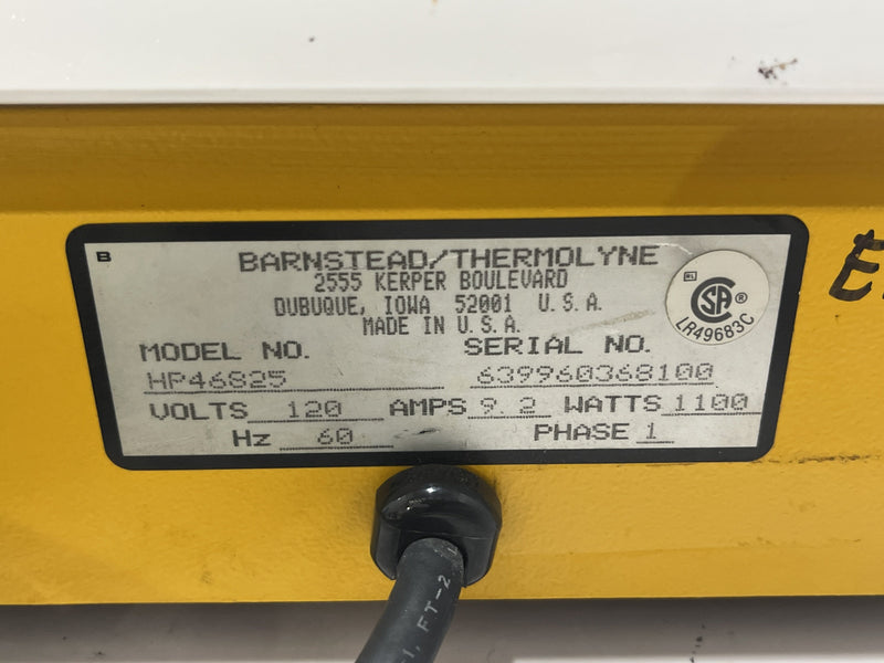 Barnstead/Thermolyne Serial No. 639960368100 Model NO. HP46825 Volts 120 Amps 9.2 Watts 1100  phase 1 Hz 60