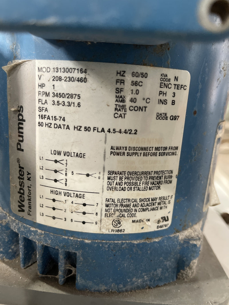 Webster Dual Pump Chemical Acid Handling Station. 1HP, 3PH, RPM: 3450-2875, 208/230/450  Webster Pump
