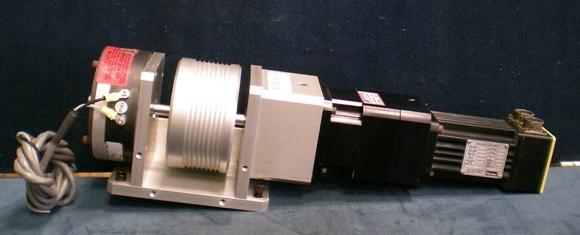 The Servo vision system Parker N002XE with Bayside PG90-100-008 gearhead and Warner ERS-57 Brake features a large grooved pulley and wiring, all mounted on a flat base—ideal for servo-operated film processing.