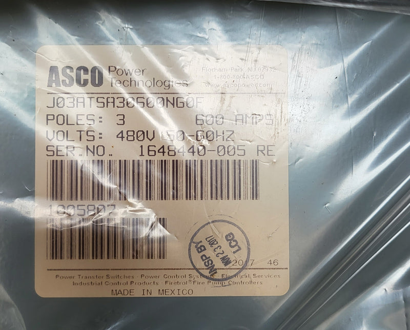 ASCO ATS 3 PH TRANSFER SWITCH 600 AMP  J03ATSA30600NG0F