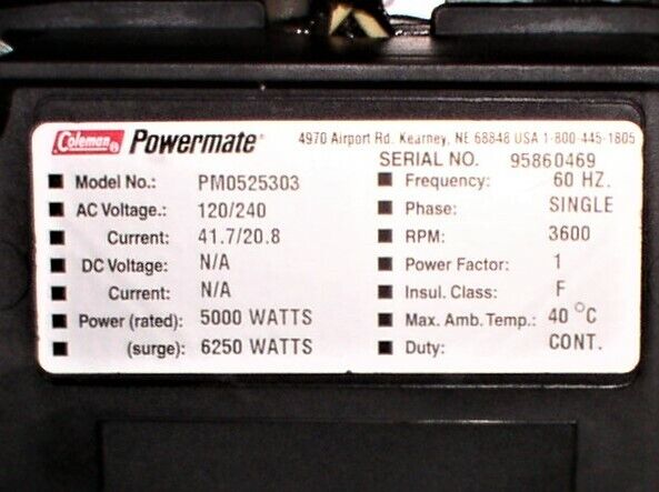Coleman Powermate 6250 Portable 10HP Generator Recent Tune-up Oil Change S FL