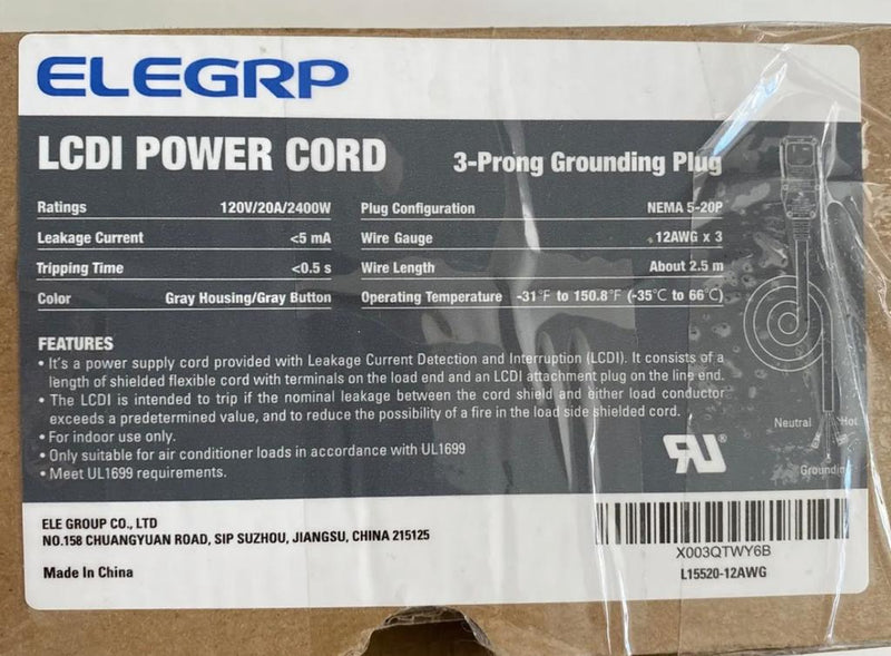 LCDI Power Cord / Cable 8.3 ft, 12 Ga, 20 amp  ELEGRP