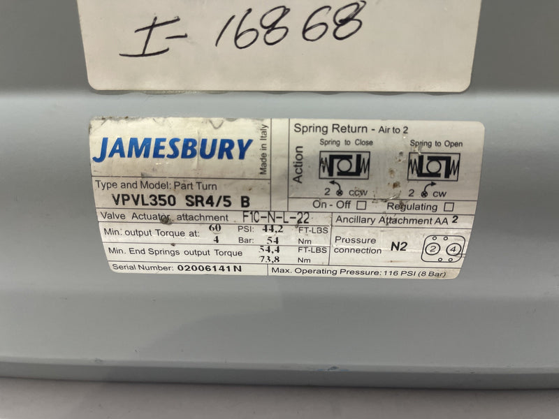 JamesBury Pneumatic Valve Actuator VPVL350 SR4/5B.  Rack & Pinion Actuator